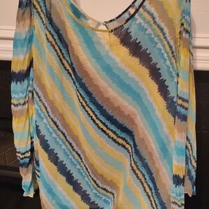 Ashley Stewart Blue and Tan Asymmetrical Blouse